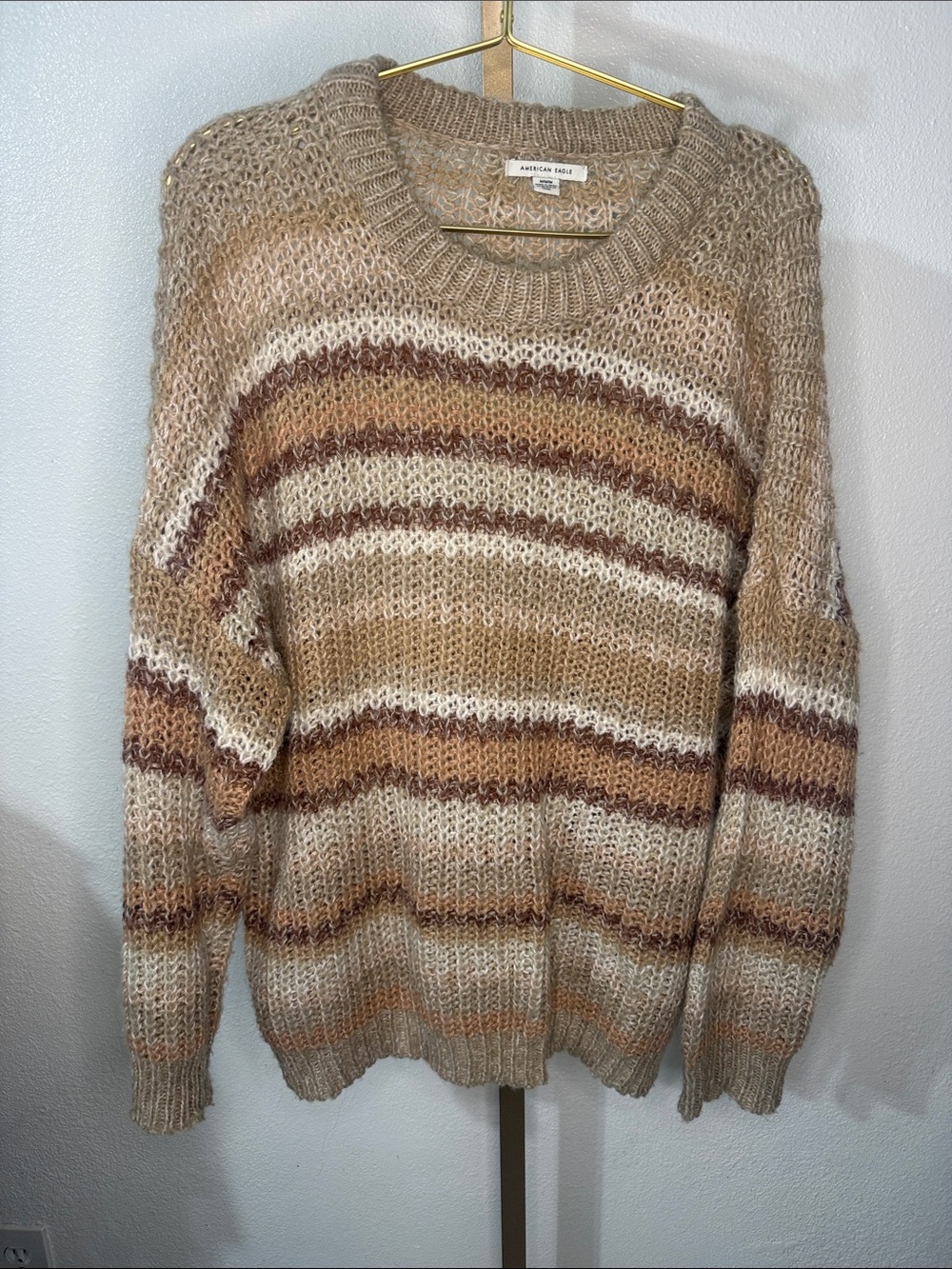 American Eagle- Crewneck Striped Sweater - Beige, Cream, Brown- Size medium